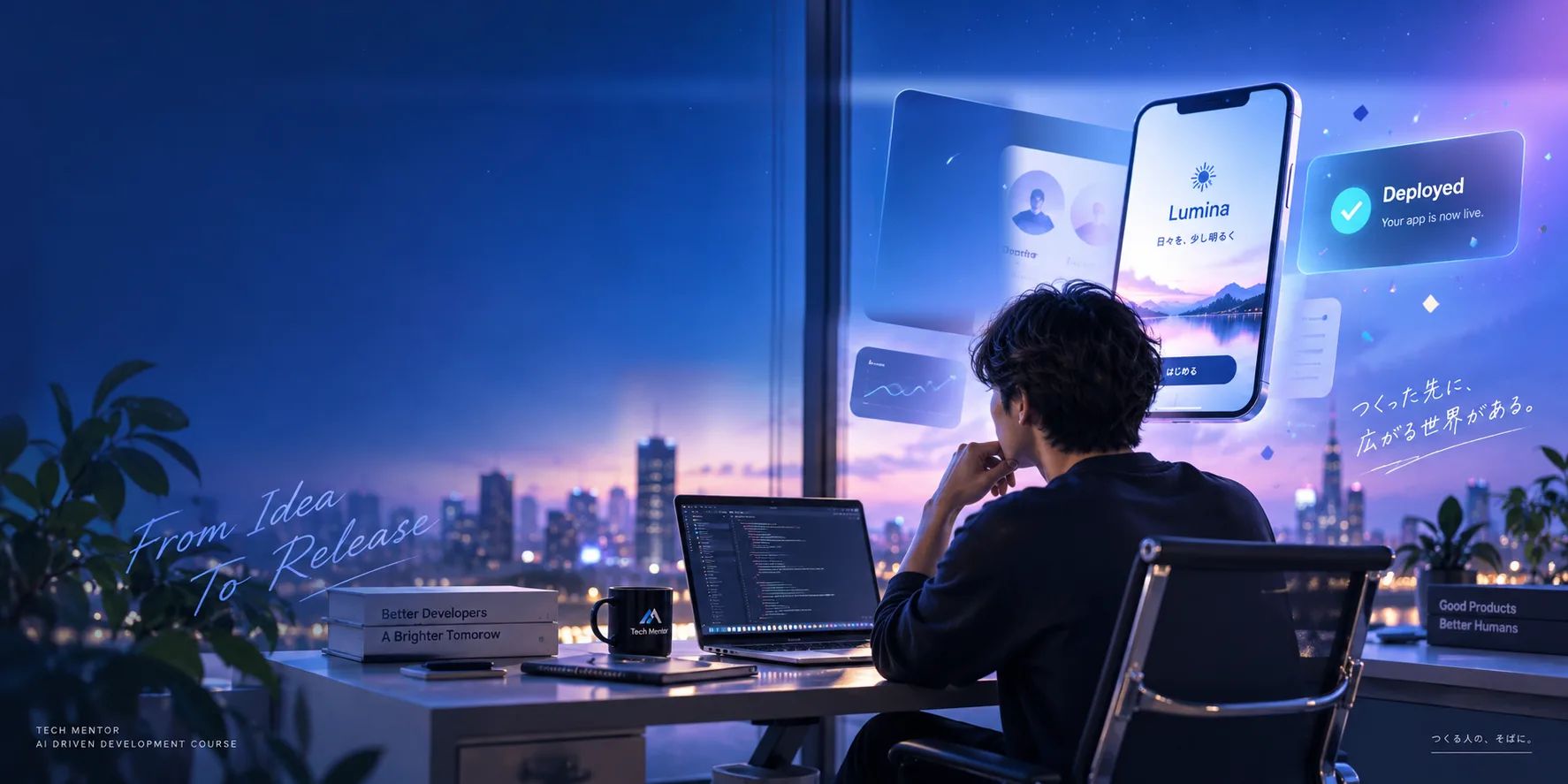 夜景のオフィスでノートPCに向かい、AIで作ったアプリのUIとリリース完了の通知を眺める受講生。作るだけで終わらせない、AI駆動開発でアイデアを本物のプロダクトに