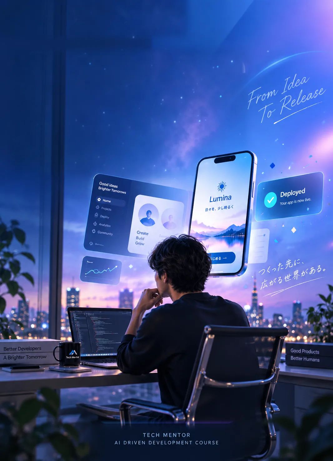 夜景のオフィスでノートPCに向かい、AIで作ったアプリのUIとリリース完了の通知を眺める受講生。作るだけで終わらせない、AI駆動開発でアイデアを本物のプロダクトに